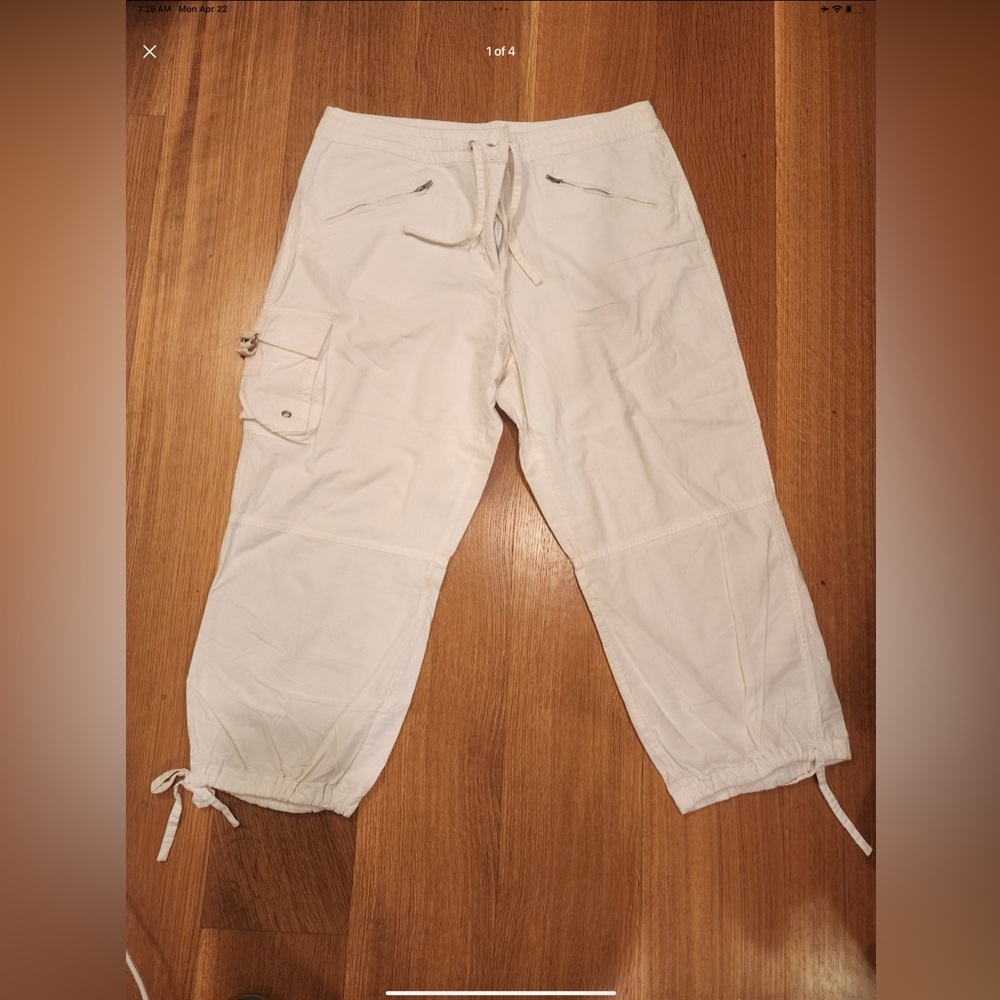 White Zip Pocket Cargo Drawstring Capri Pants - Sz 12